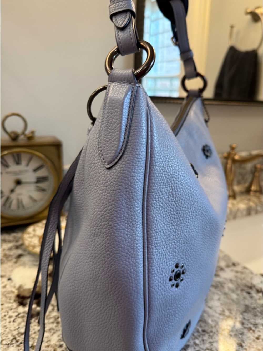 Coach Light Blue-Gray Pebble Leather Shoulder Hobo with Floral Stud Accents. - Picture 4 of 9